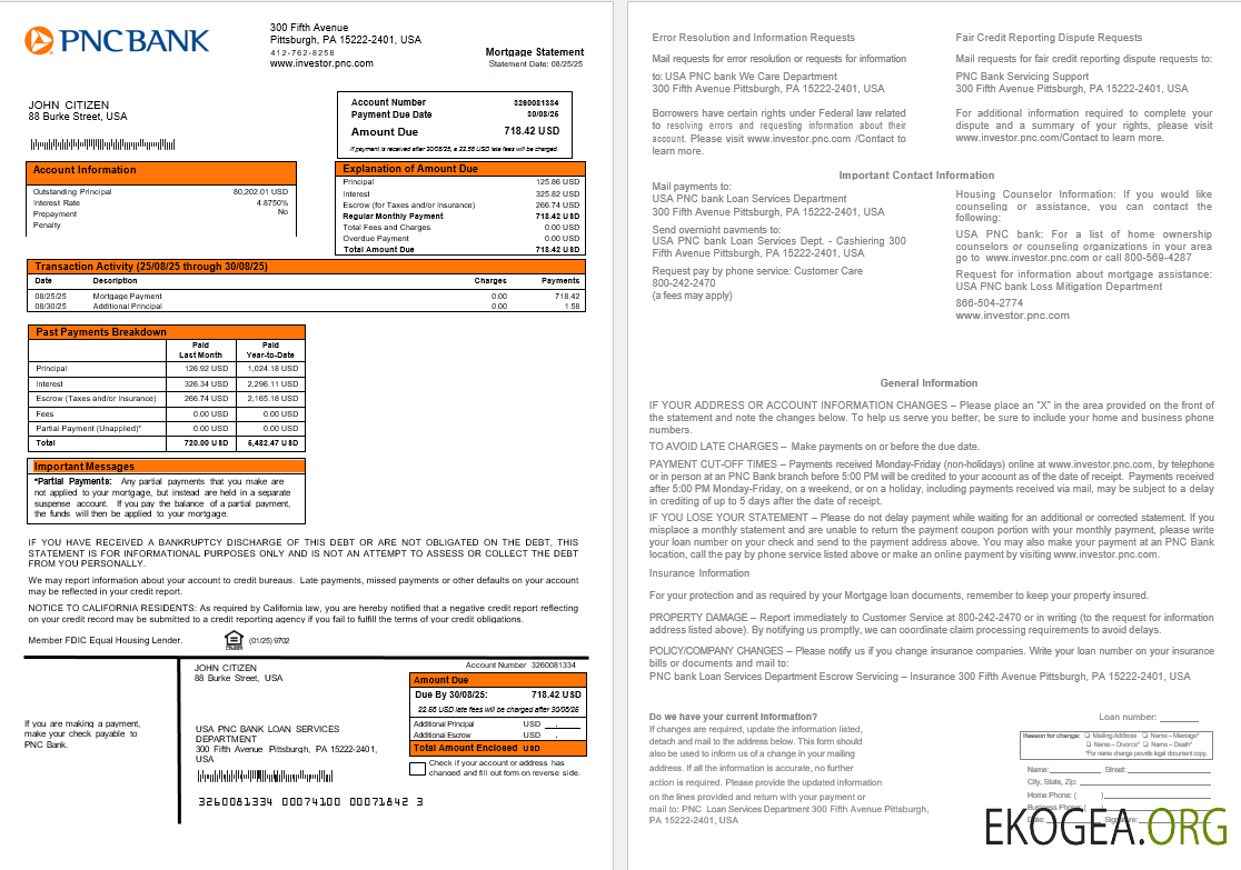 Relevé hypothécaire de la banque USA PNC aux formats Word et PDF